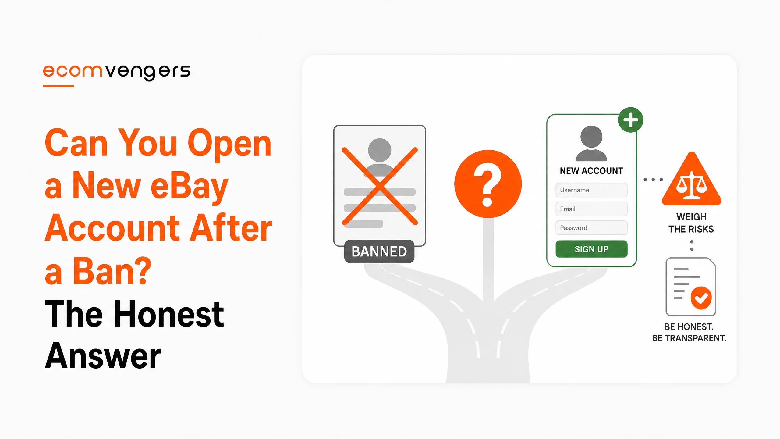 Blog cover asking whether you can open a new eBay account after a ban, showing a banned account beside a fork in the road