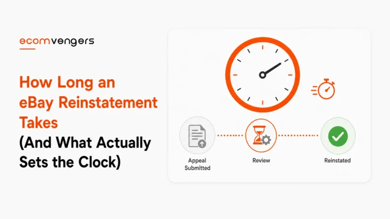 eBay reinstatement time shown as a clock above the appeal, review and reinstated stages of a suspended account