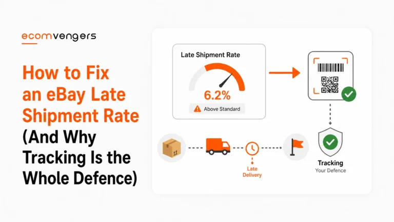 Blog cover for how to fix an eBay late shipment rate, showing a rate gauge beside a tracking barcode marked as the defence