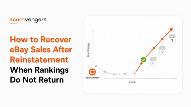 Blog cover for recovering eBay sales after reinstatement, showing rankings dipping after reinstatement then climbing back over time