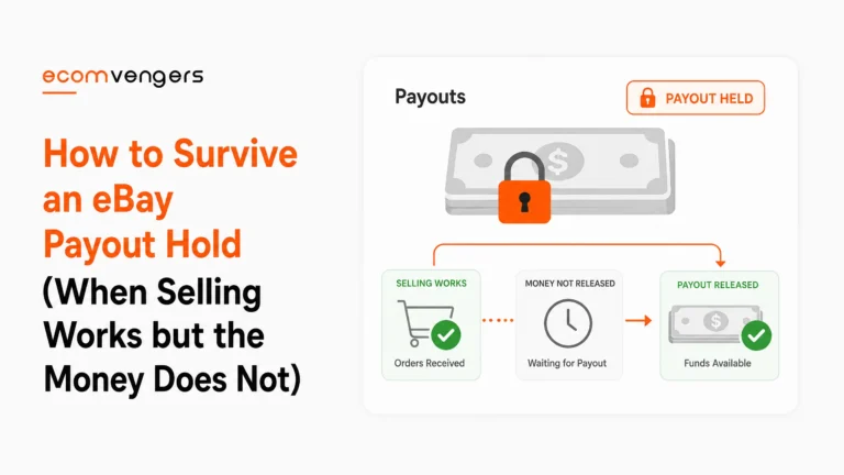 Blog cover for surviving an eBay payout hold, showing locked funds beside the stages from order received to payout released