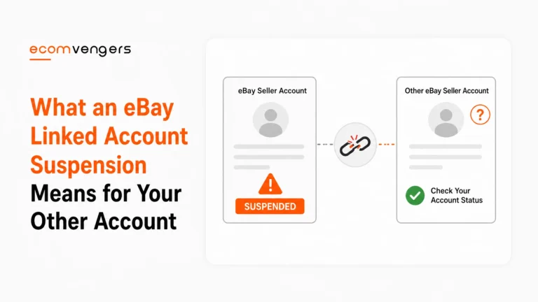 eBay linked account suspension shown as two seller accounts joined by a broken link, one suspended and the other flagged for an account status check