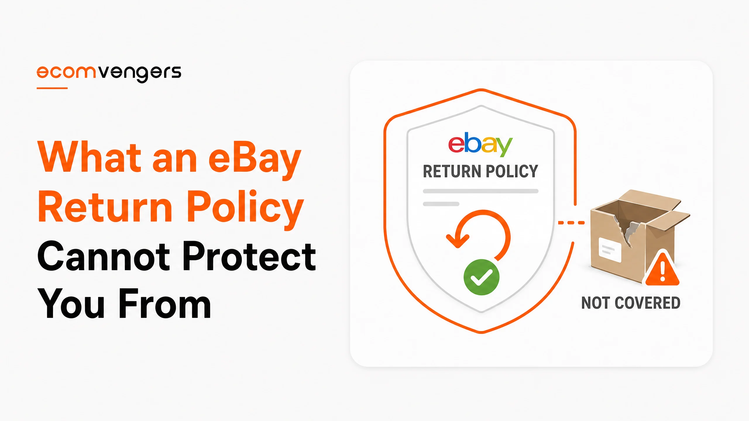 eBay return policy shield with a green tick, and a damaged parcel outside it marked not covered by the eBay return policy