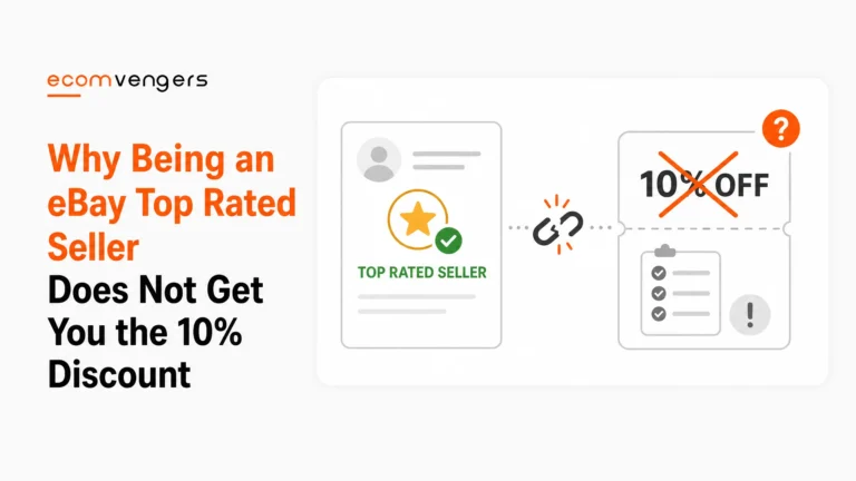 Diagram of an eBay Top Rated Seller badge disconnected by a broken link from a crossed out 10 percent discount coupon and a separate requirements checklist.