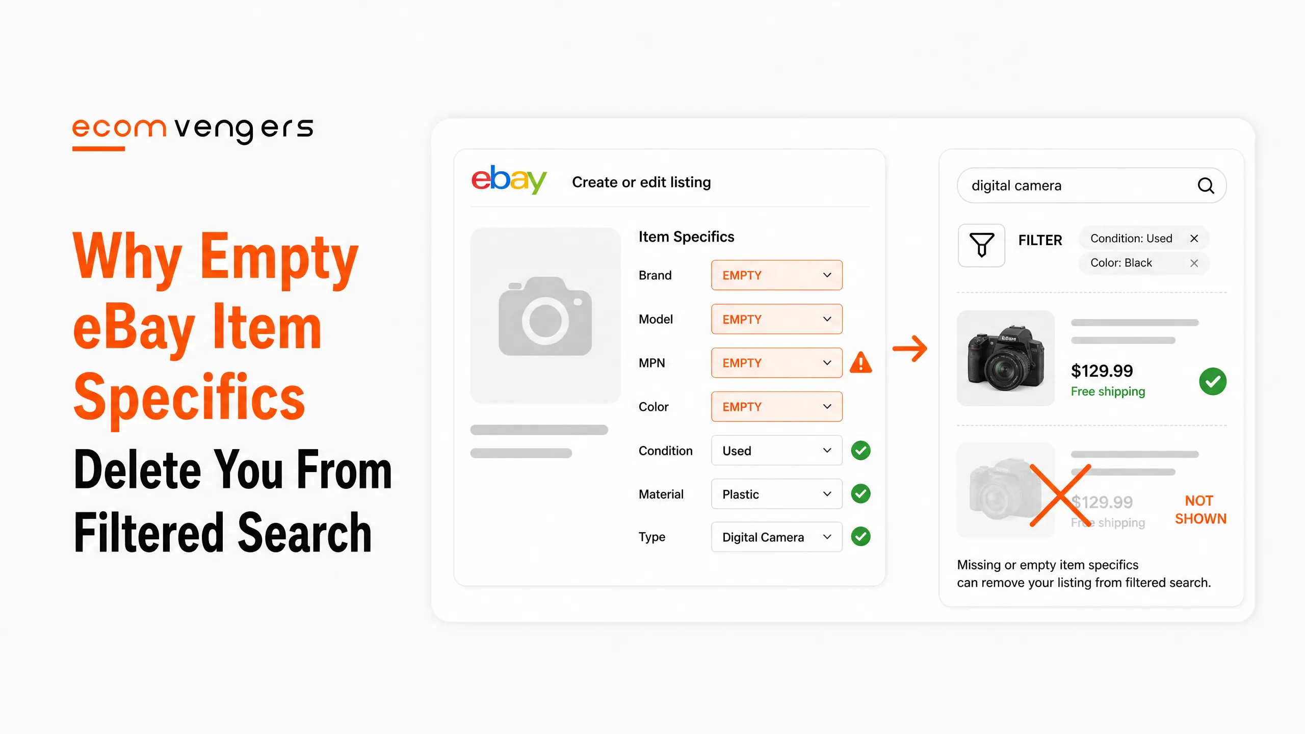eBay item specifics left empty for brand, model, MPN and colour, and the same listing missing from a filtered search result