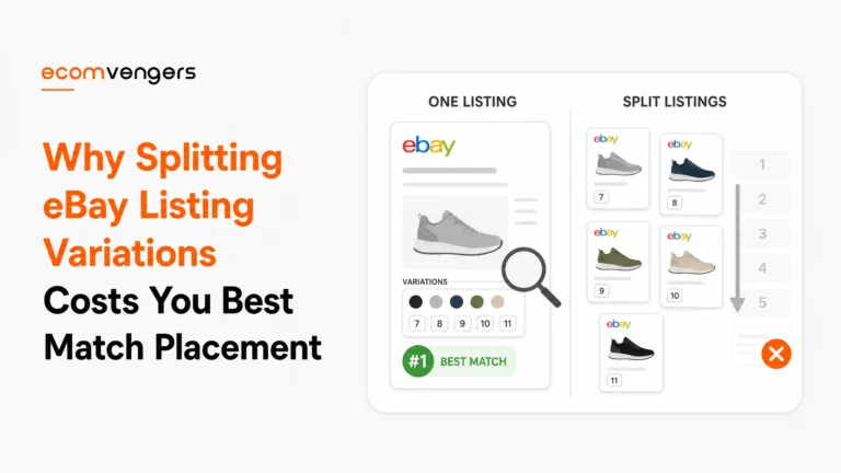 eBay listing variations kept in one listing ranking first in Best Match, beside the same stock split into five listings falling down the results