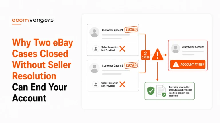 eBay cases closed without seller resolution, two of them marked closed and leading to a seller account flagged as at risk