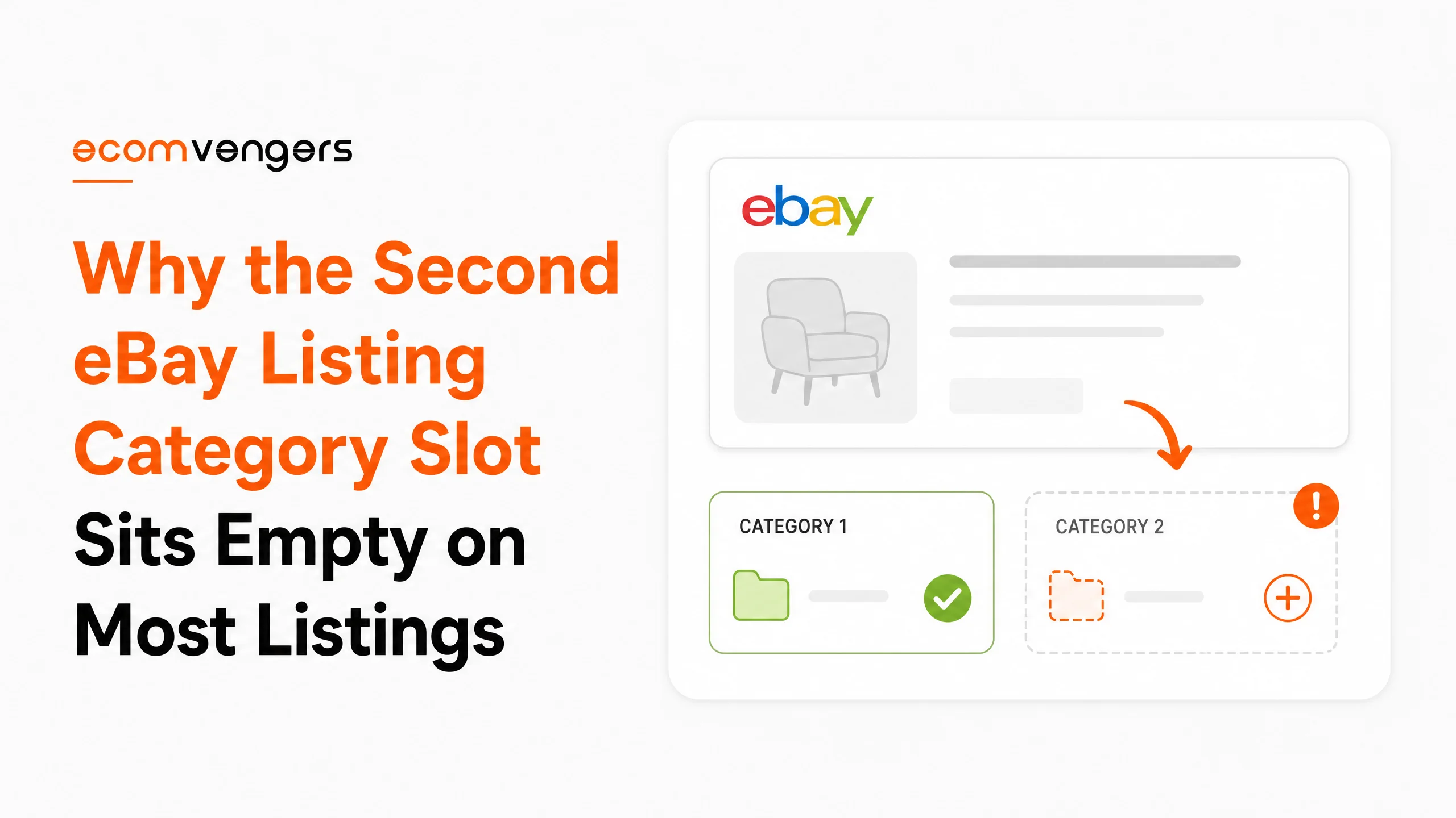 eBay listing category slots on a listing form, the primary one ticked green and the second eBay listing category slot left empty and flagged
