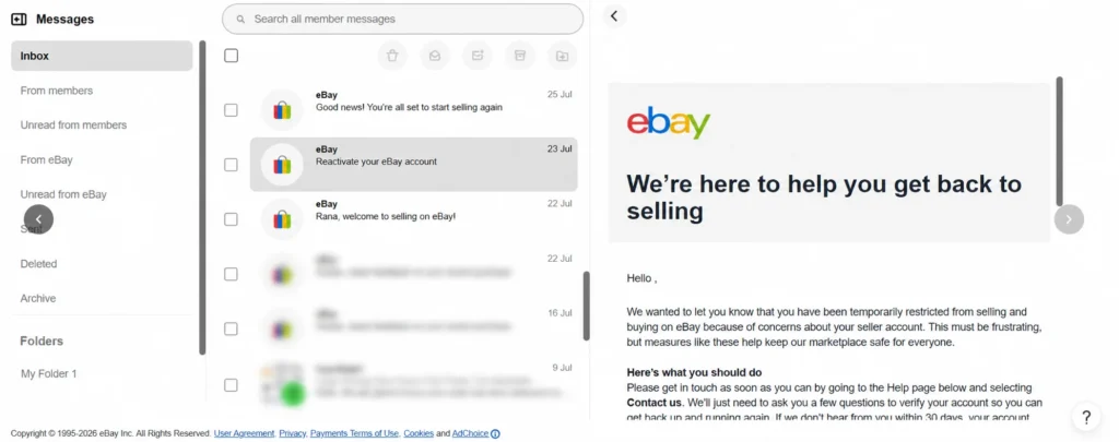 eBay confirms the account is temporarily restricted from selling and buying, with a 30-day window to respond before closure.