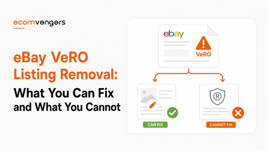 eBay VeRO listing removal split two ways, a listing marked can fix beside a trademarked item marked cannot fix