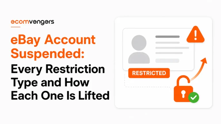 Blog cover reading eBay account suspended, every restriction type and how each one is lifted
