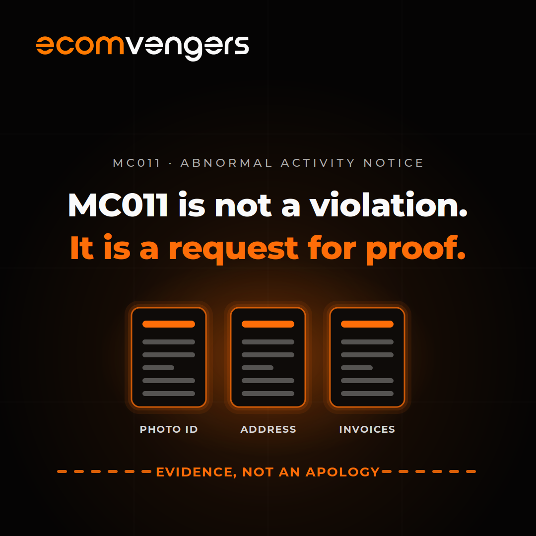 EcomVengers graphic showing that an MC011 notice is a request for photo identification, address proof and invoices