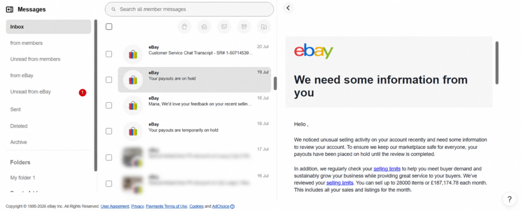 eBay reports unusual selling activity, opens an account review, and holds payouts until it closes. The same message sets the monthly selling limit at 28,000 items or £187,174.78.