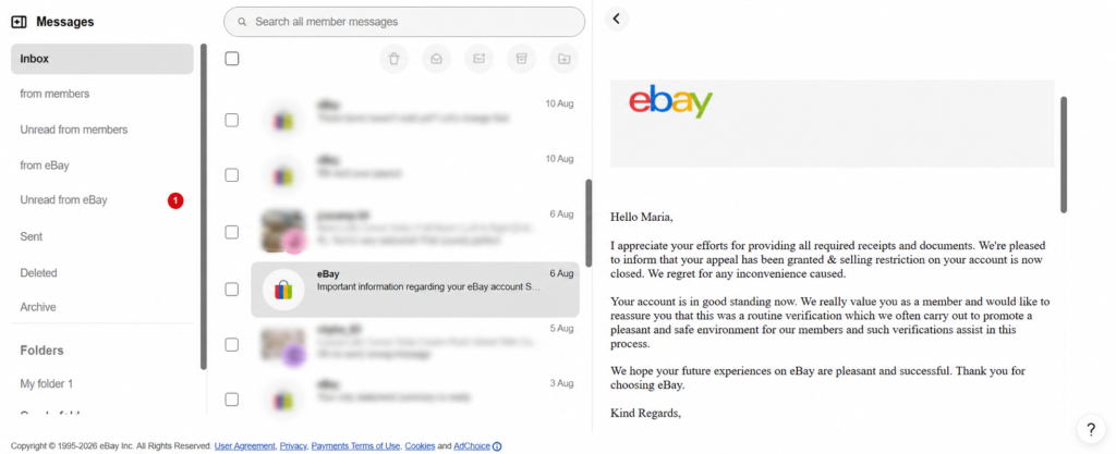 eBay grants the appeal, closes the selling restriction, and confirms the account is in good standing.