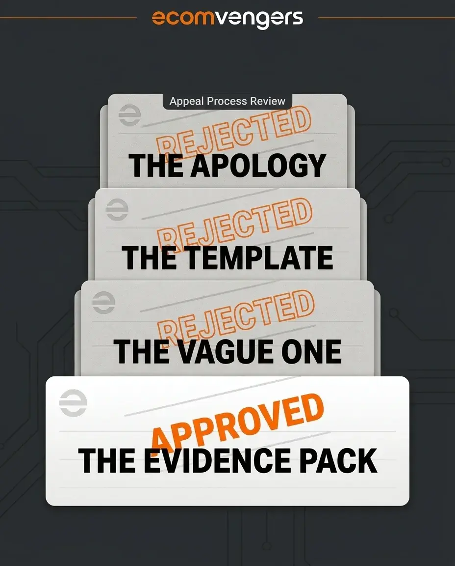 EcomVengers graphic showing an apology, a template and a vague appeal marked rejected while an evidence pack is approved