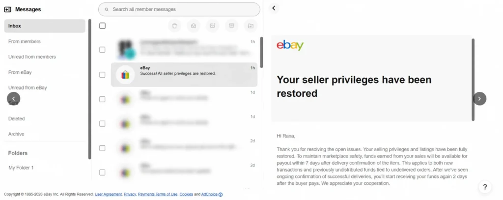 eBay confirms selling privileges and listings are fully restored, and sets out the payout schedule going forward.